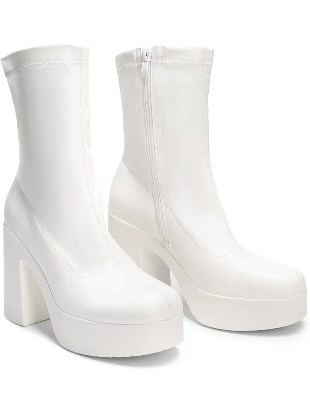 Dream Pairs Women's White Square Toe Gogo Chunky Block Heel Ankle Booties